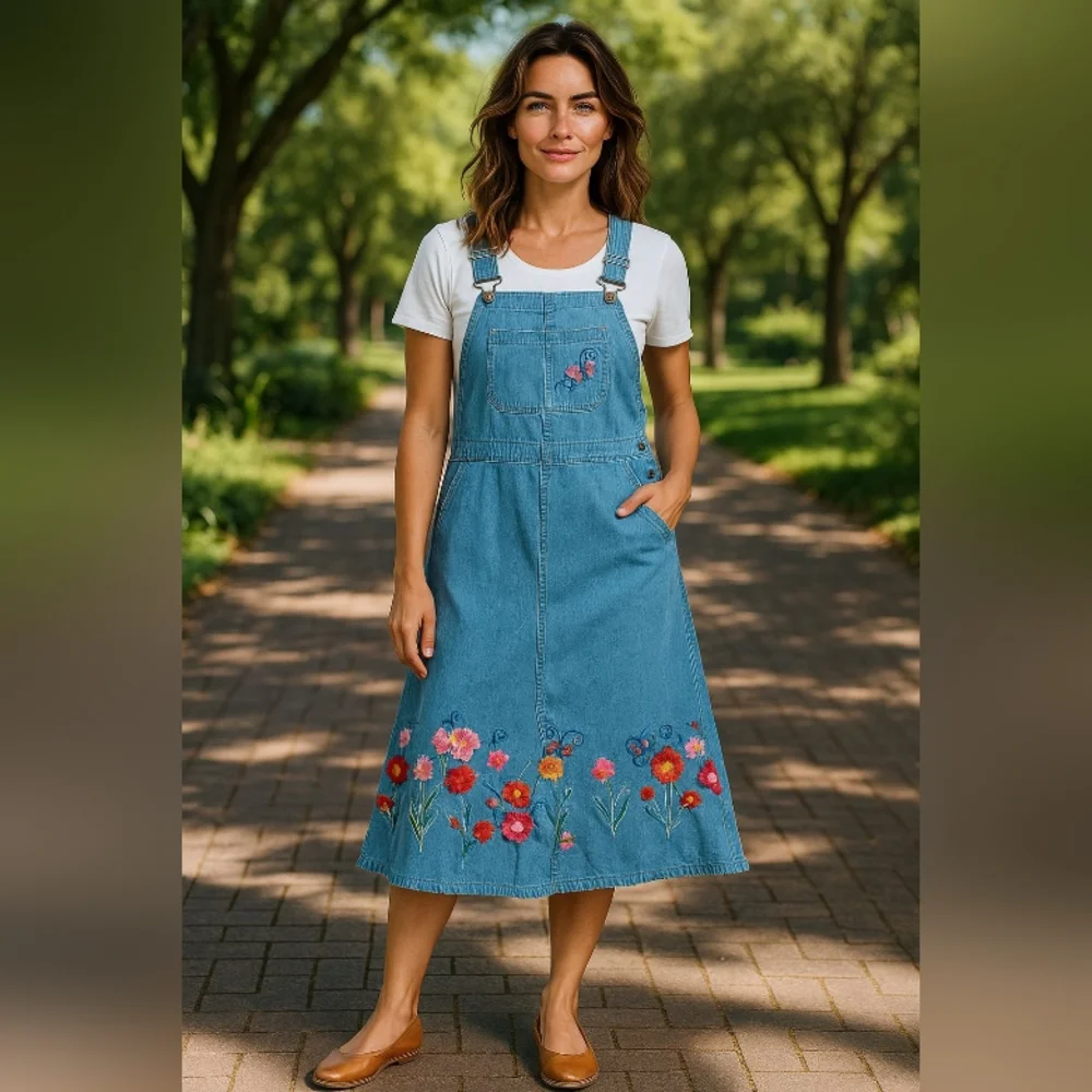 THE PYRAMID COLLECTION DRESS SIZE SMALL Floral Embroidered Denim Overall Dress - Picture 1 of 10